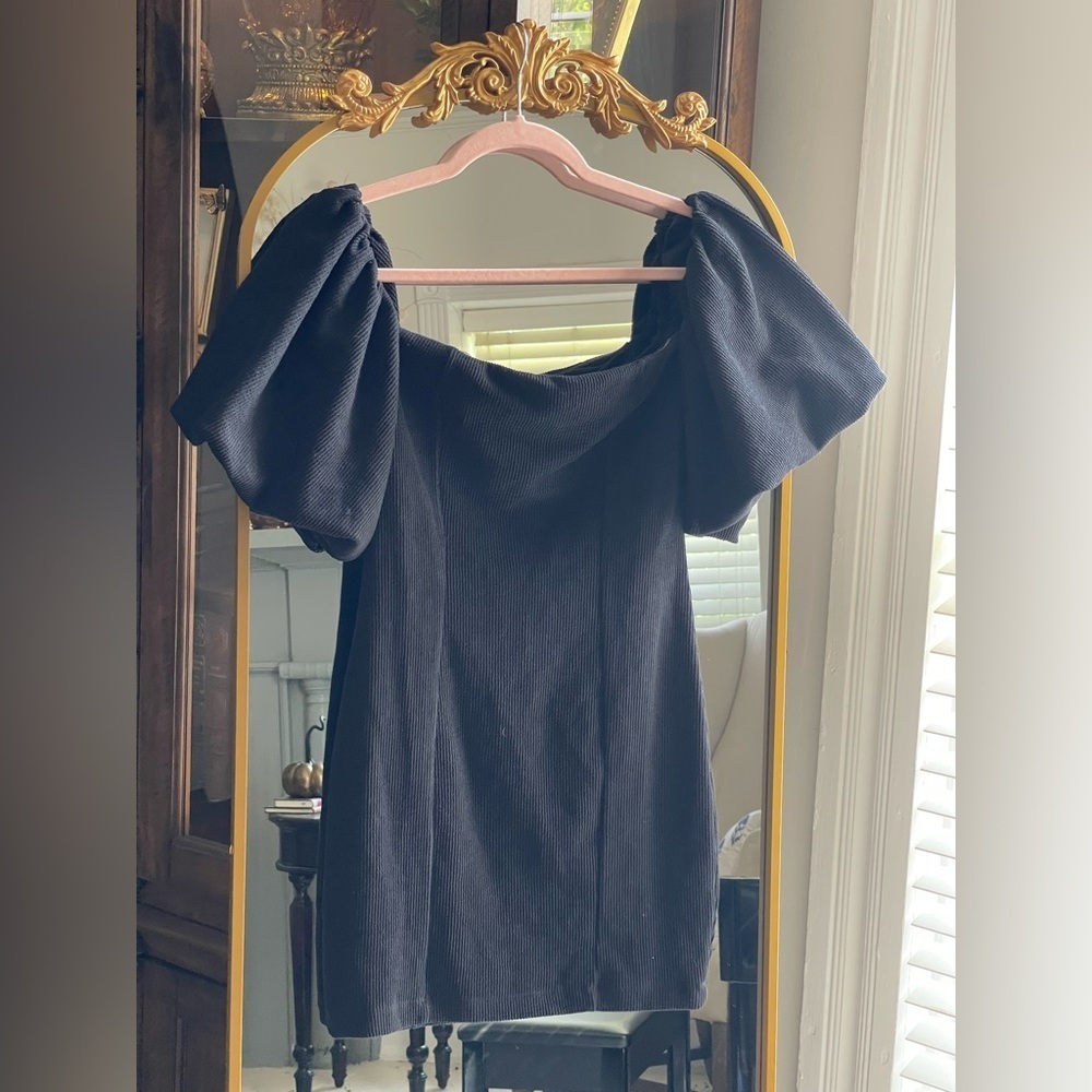 FP Beach Free People Bubbly Puff Sleeve Ribbed Off Shoulder Black Mini Dress